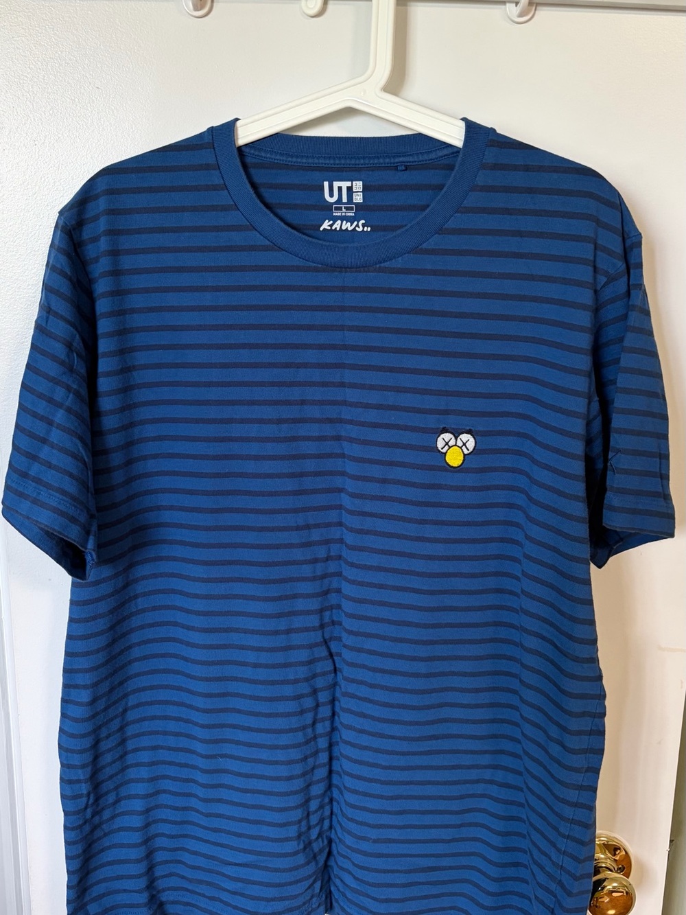 KAWS Blue Navy Striped Short Sleeve Tee with Yellow Patch